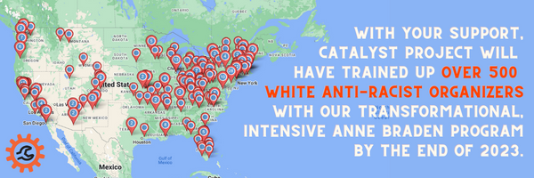 Image: picture of a map of North America, green land on blue background, dropped pins showing locations of Anne Braden Program alumni, covering much of map. Text reads: "With your support, Catalyst will have trained up over 500 white anti-racist organizers with our transformational, intensive Anne Braden Program by the end of 2023